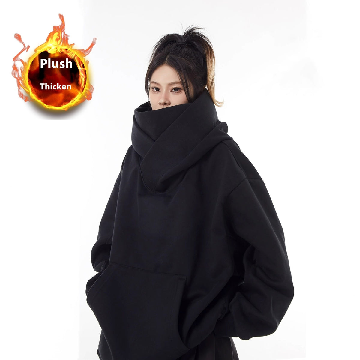 เสื้อฮู้ดคอสูงทรงหลวมบุขนฟลีซ